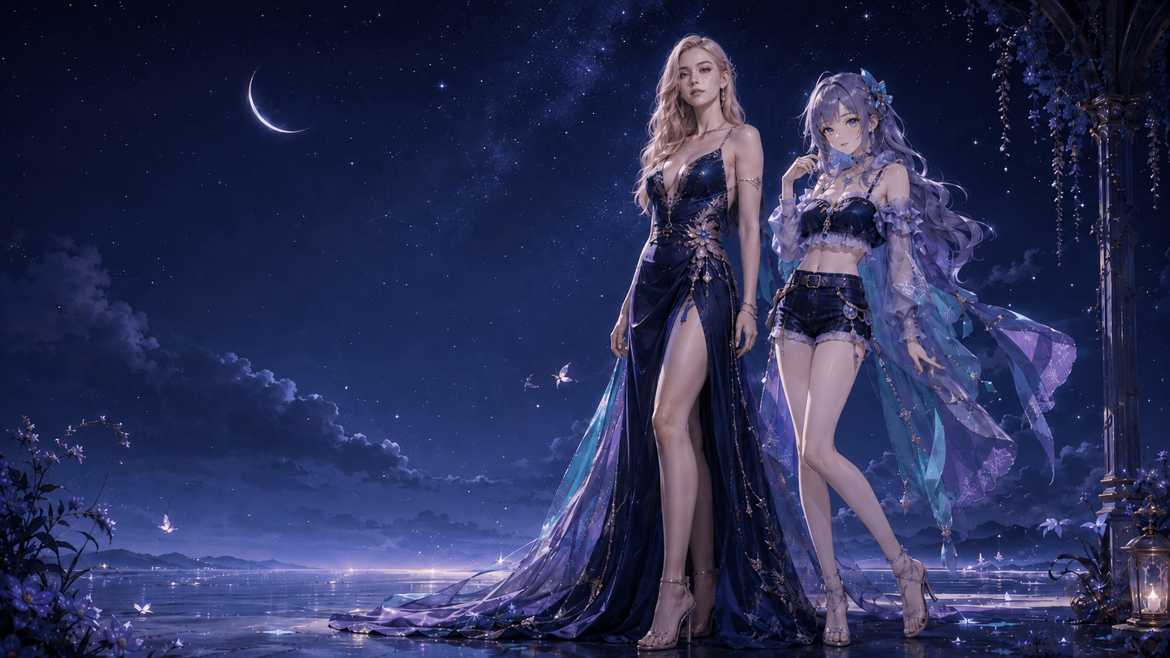 Two AI girlfriend characters together under a starry midnight-blue night sky